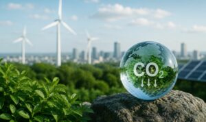 Reducción de emisiones de CO2 con energías renovables y paisaje sostenible con aerogeneradores y paneles solares.